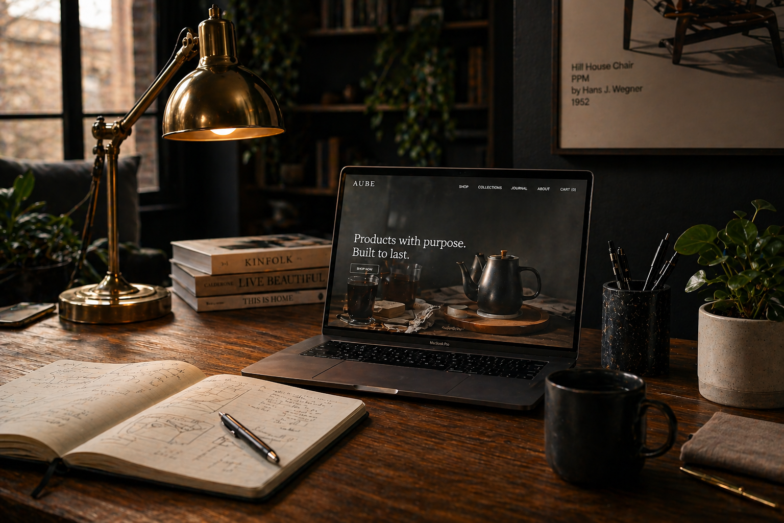 Designer's desk with brass lamp, notebook and laptop showing a website