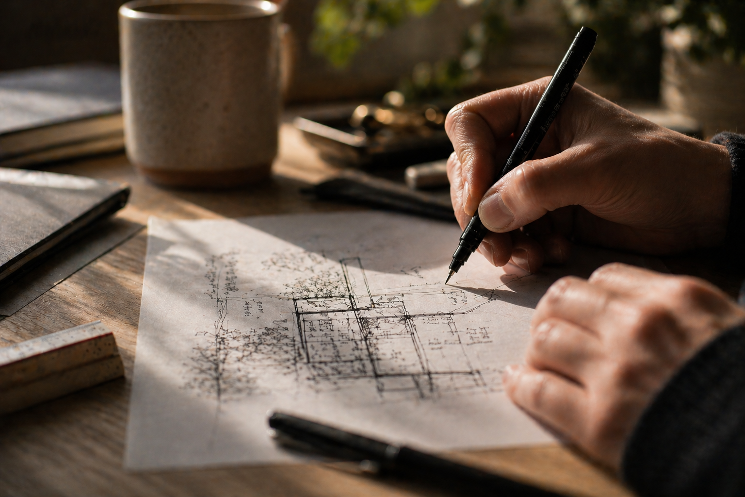 Designer's hands sketching architectural plans