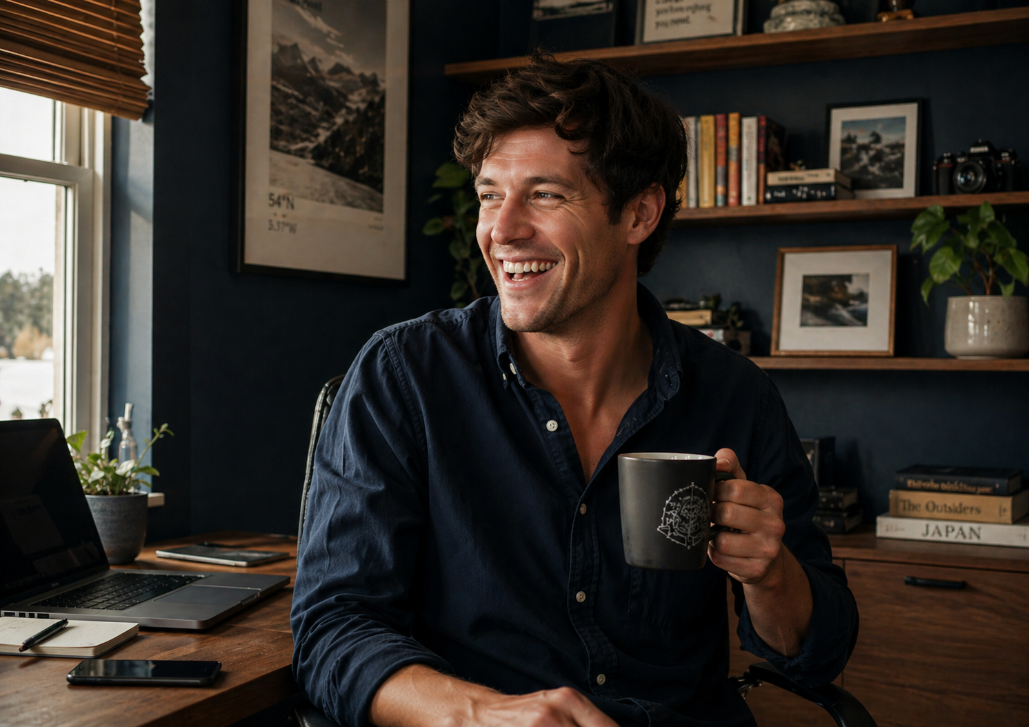 Payton at his desk with a coffee mug